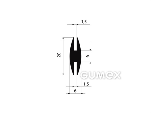 "H" Gummiprofil, 20x6/1,5/1,5mm, 70°ShA, EPDM, -40°C/+70°C, schwarz, 